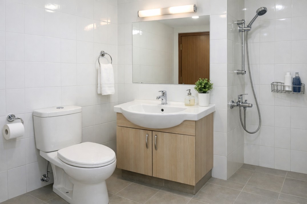 basic bathroom renovation in Delhi apartment with  fresh white tiles and new fittings
