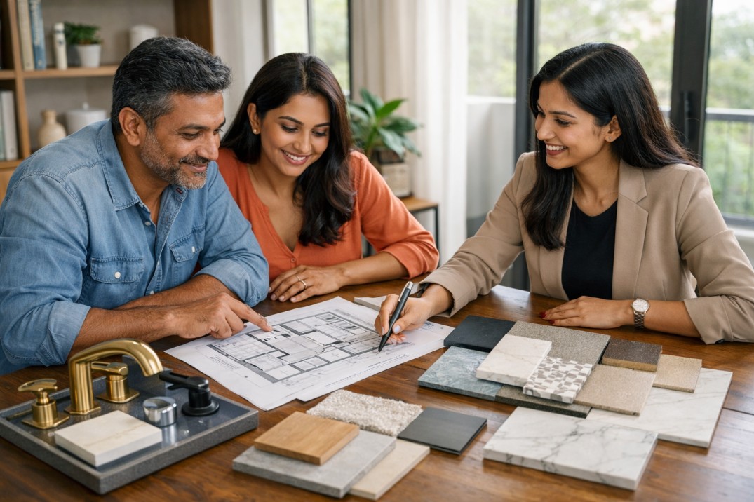 Homeowner discussing bathroom renovation planning with interior designer while selecting tiles and fixtures
