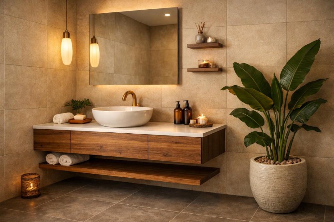 Contemporary Indian bathroom with beige wall tiles, warm grey floor tiles and wooden floating vanity in a neutral colour scheme.