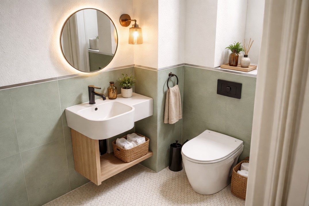 Compact corner basin two tone wall color combination small Indian bathroom design ideas