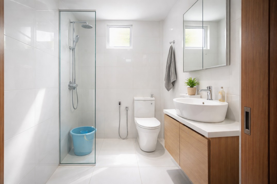 Frameless glass shower partition light tiles small bathroom Indian home design