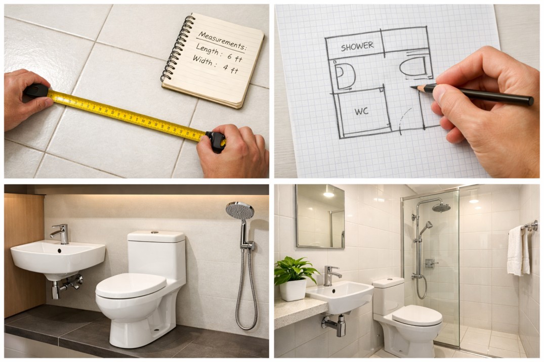How to design small bathroom India step by step guide measure plan tiles install