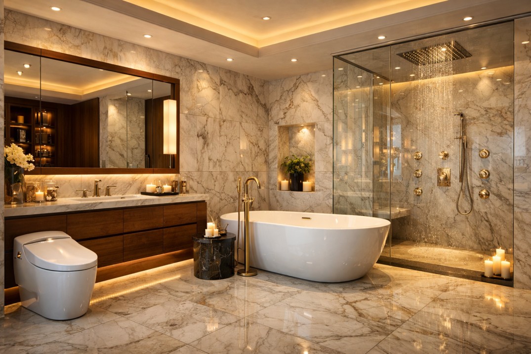 Luxury bathroom renovation in Delhi NCR premium apartment with marble  tiles, freestanding bathtub and smart fittings in 2026