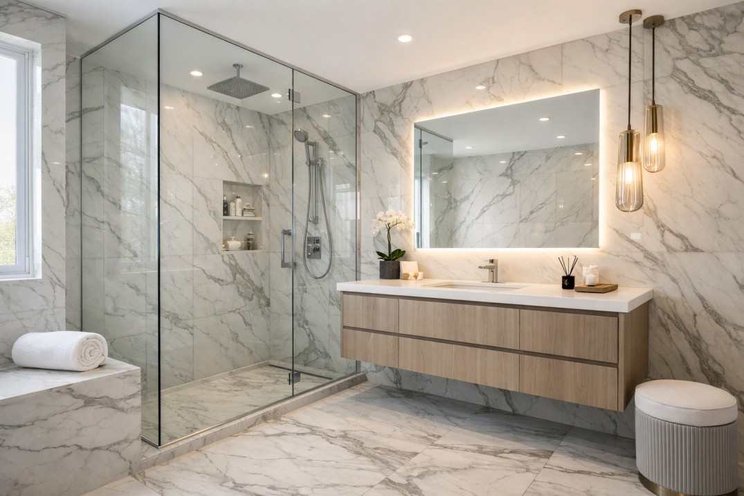 Luxury modern bathroom after renovation with marble tiles, glass walk in shower and floating vanity