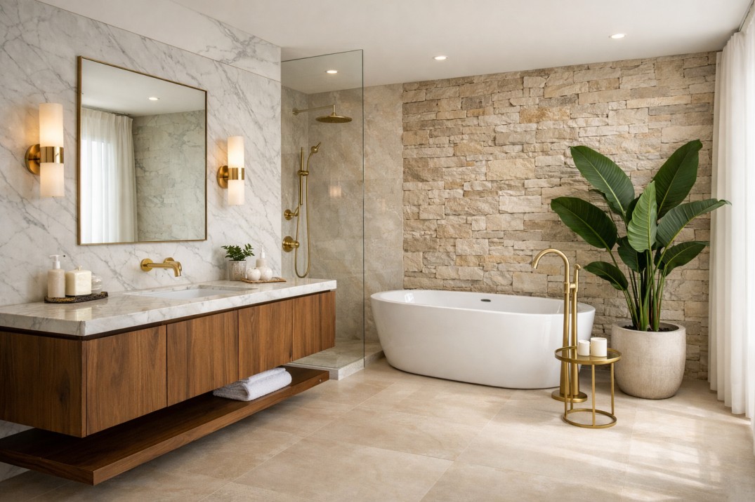 Elegant bathroom with marble finish wall tiles, textured stone accent wall and wooden vanity unit.