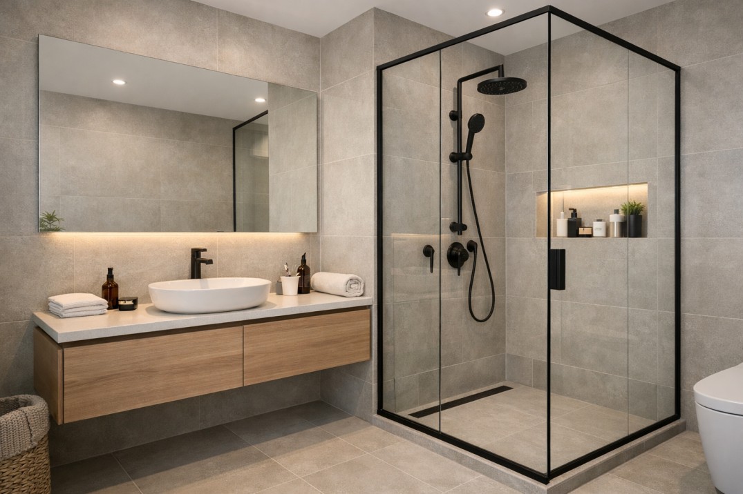 Modern bathroom with light grey tiles and matte black shower frame, faucets and mirror border.