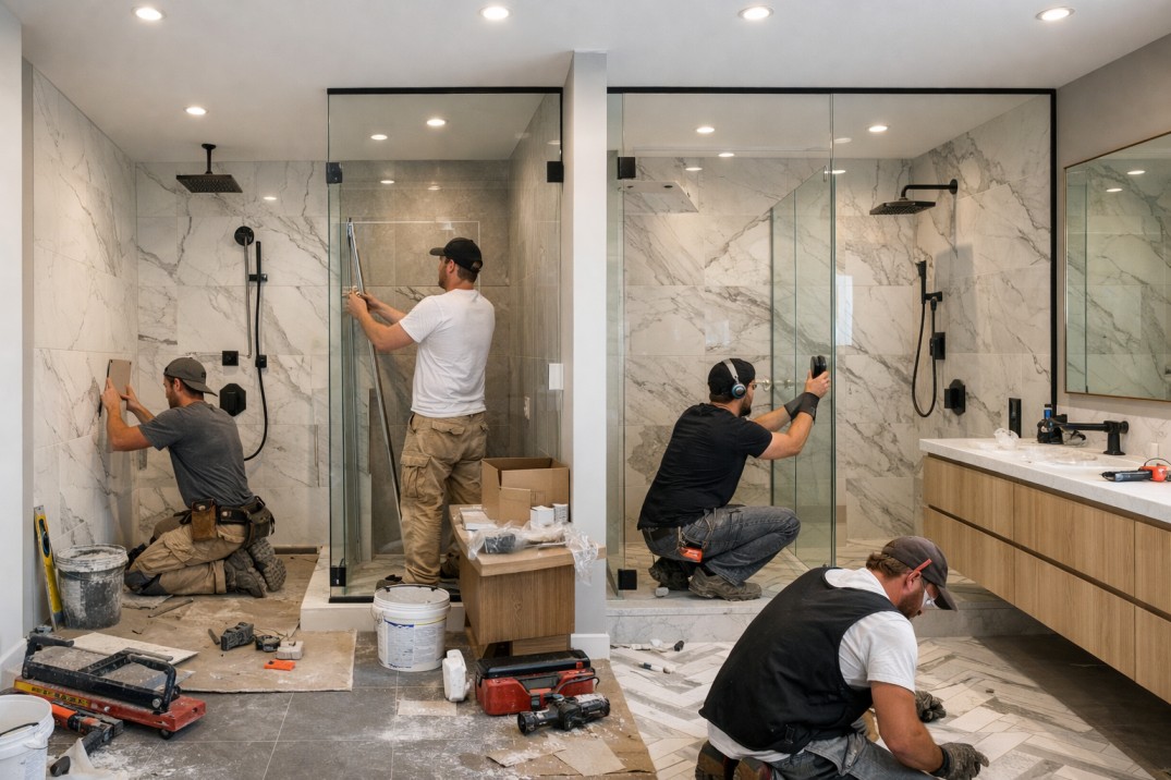 Workers renovating multiple bathrooms together with modern tiles and glass shower enclosures