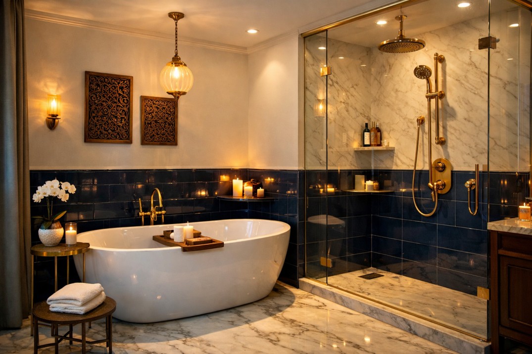 Luxury bathroom with navy blue wall tiles, white upper walls and gold shower fixtures in a master bathroom design.