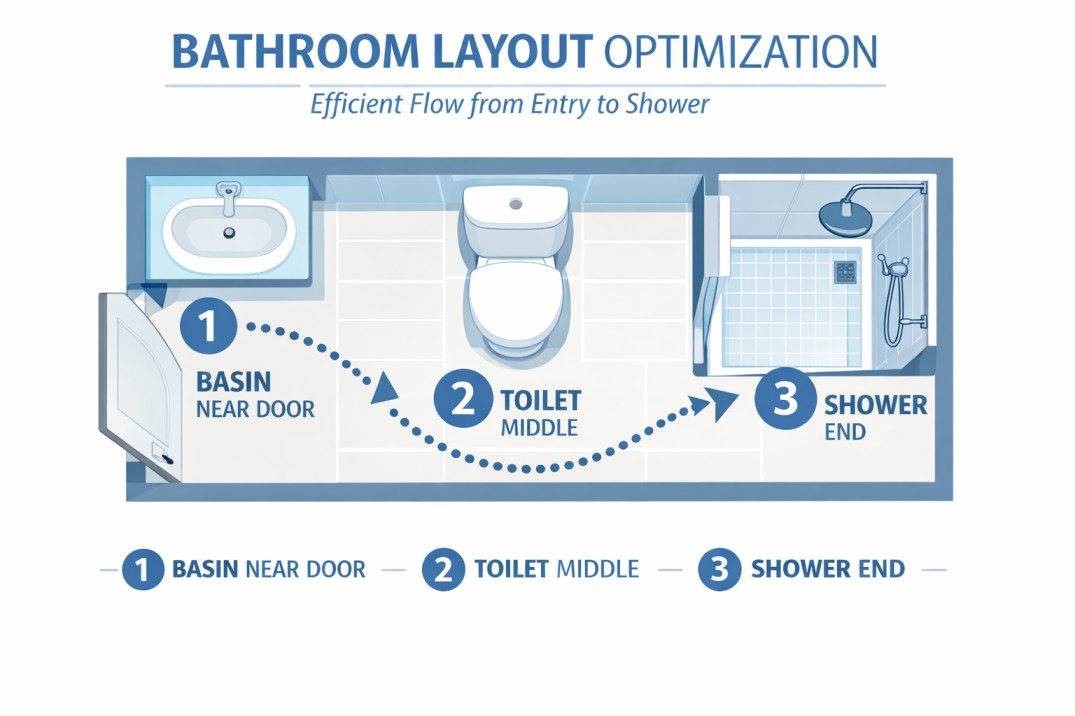 Optimal straight line small bathroom layout design India basin toilet shower arrangement