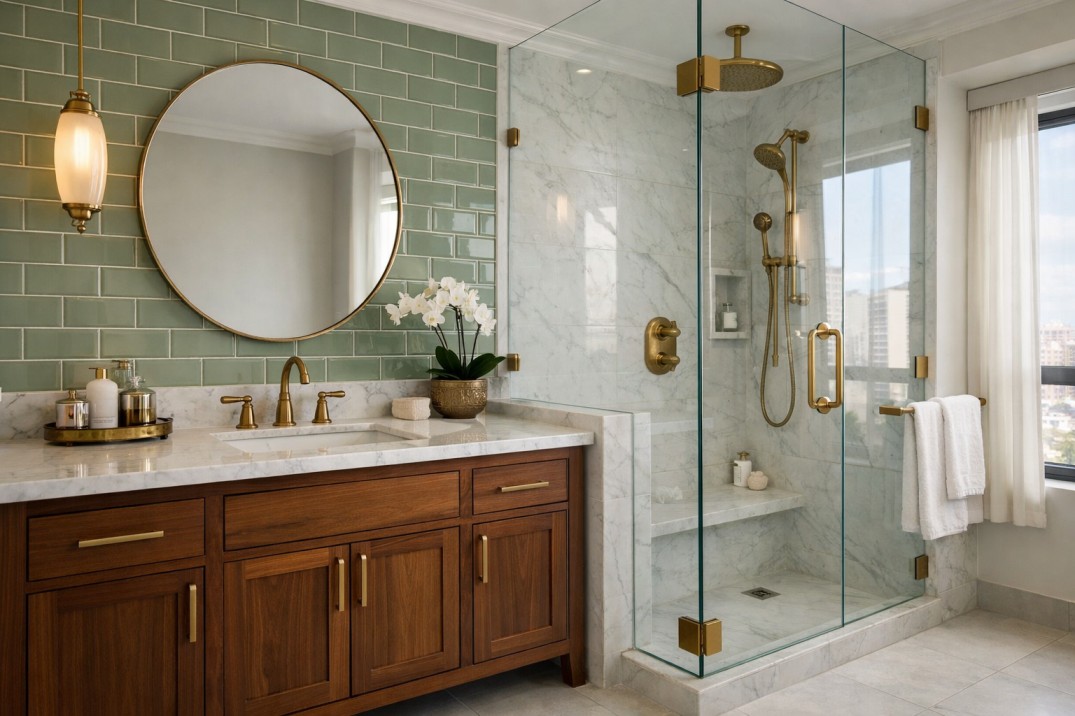 Sage green accent wall tiles in a modern Indian bathroom paired with brass fittings and white marble countertop.