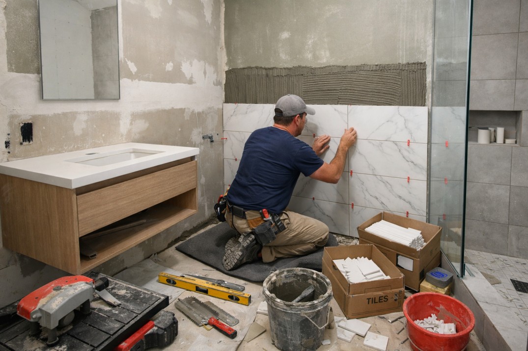 Contractor installing wall tiles during single bathroom renovation in a modern home