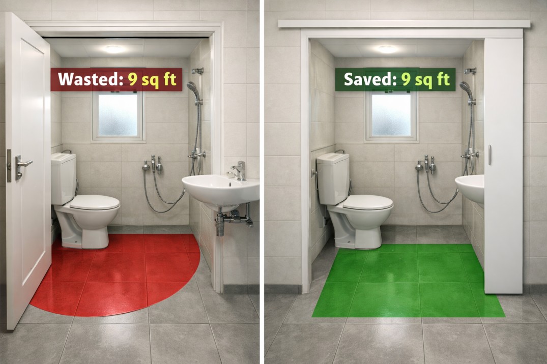 Sliding door vs swing door space saving comparison small bathroom India natural light