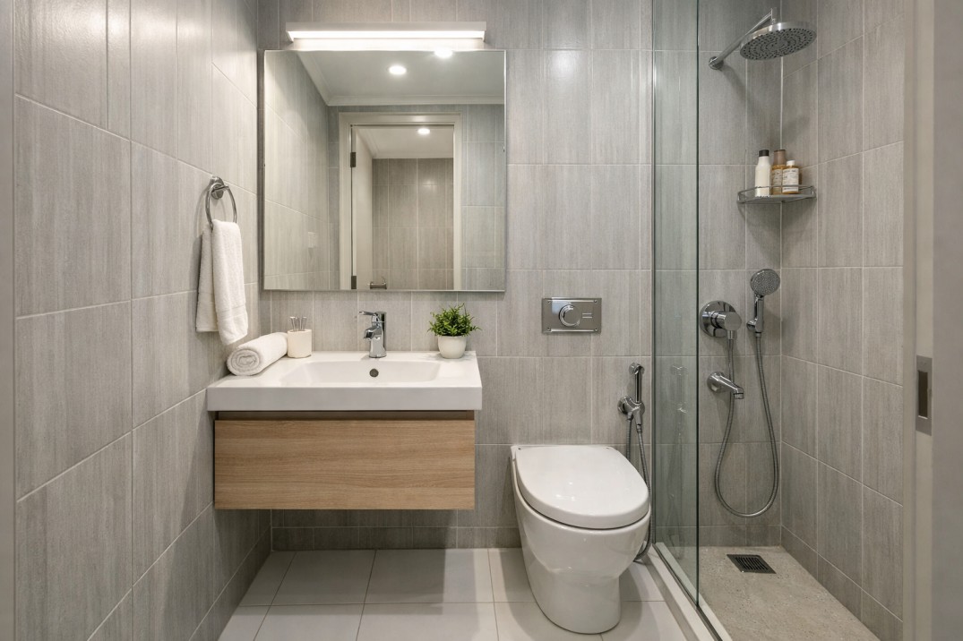 Small Indian bathroom with light grey wall tiles, white flooring and vertical tile layout to create height illusion.