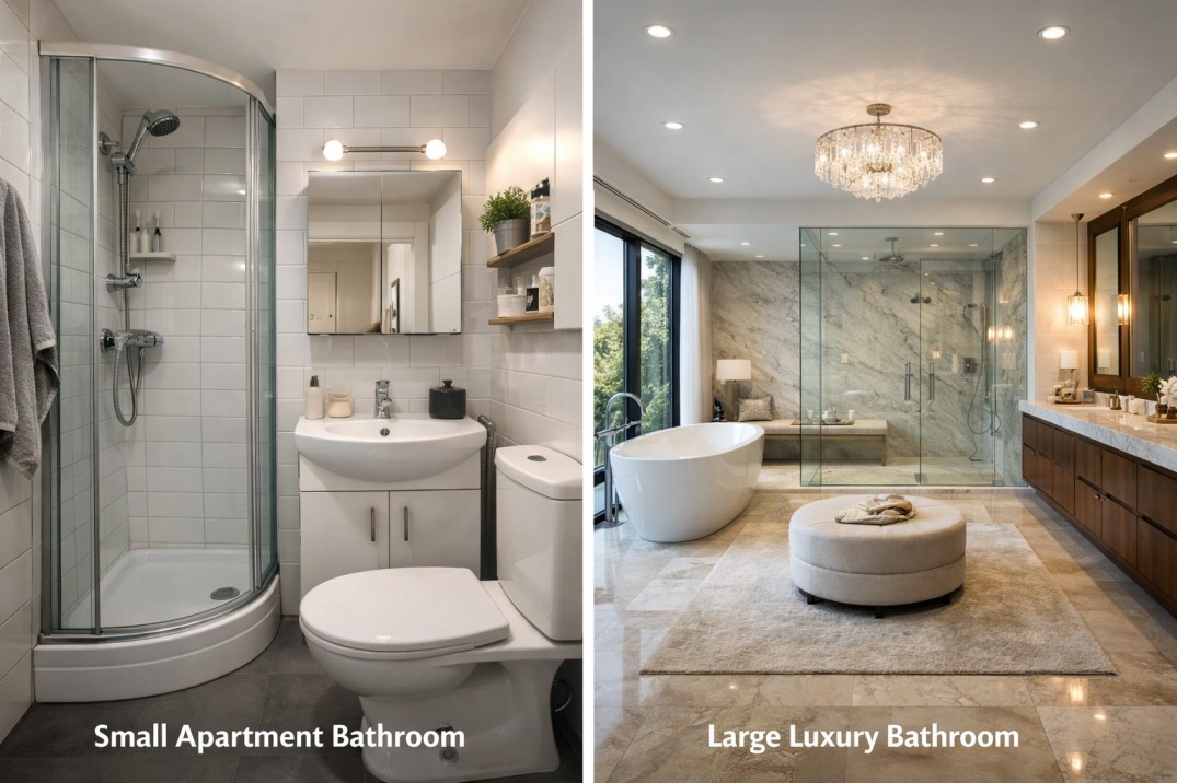 small bathroom vs large bathroom renovation design