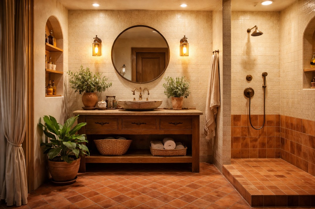 Terracotta floor tiles in a warm Indian bathroom design combined with cream textured walls and bronze fittings.
