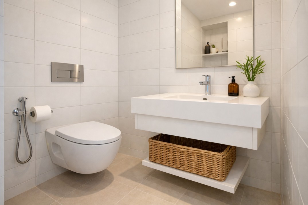 wall mounted toilet and floating vanity for small bathroom