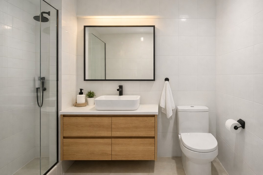 Minimalist white bathroom with matte and glossy tiles, wooden vanity and black framed mirror in a compact apartment.