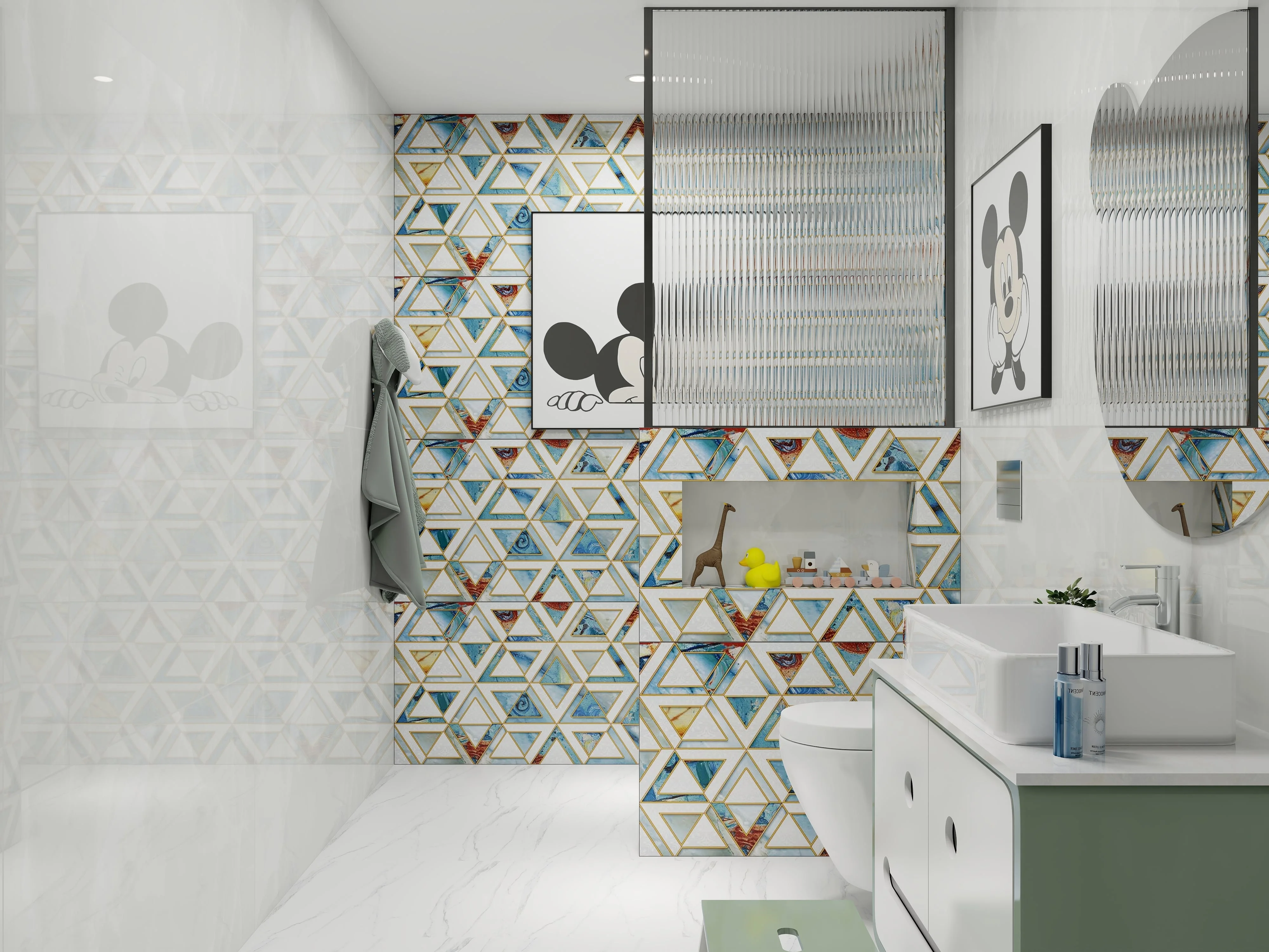 Gleeful Glow | Modern Kids Bathroom Design with Cartoon Tiles Gleeful Glow | Modern Kids Bathroom Design with Cartoon Tiles